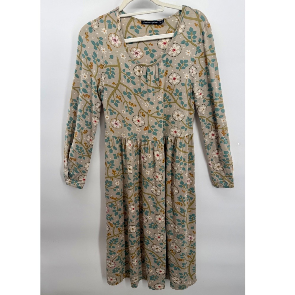 Gudrun Sjoden Dress Beige Blue Floral Lyocell Long Sleeve Pockets Sz S